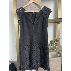 Nanette Lepore Black Lace Mini Dress Fringe Hem Cocktail size 0